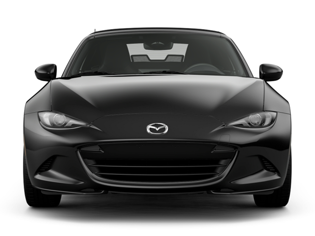 A stock image of a jet black 2025 Mazda MX-5 Miata, shot head-on.